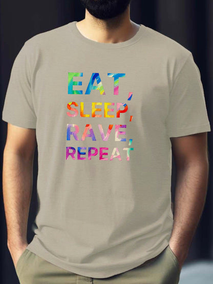 Eat Sleep Rave Repeat Letter Print Men's Summer Short Sleeve Crew Neck Tees, Breathable Polyester Fabric T-shirt, Casual Comfortable Versatile Top For Everyday Wear
