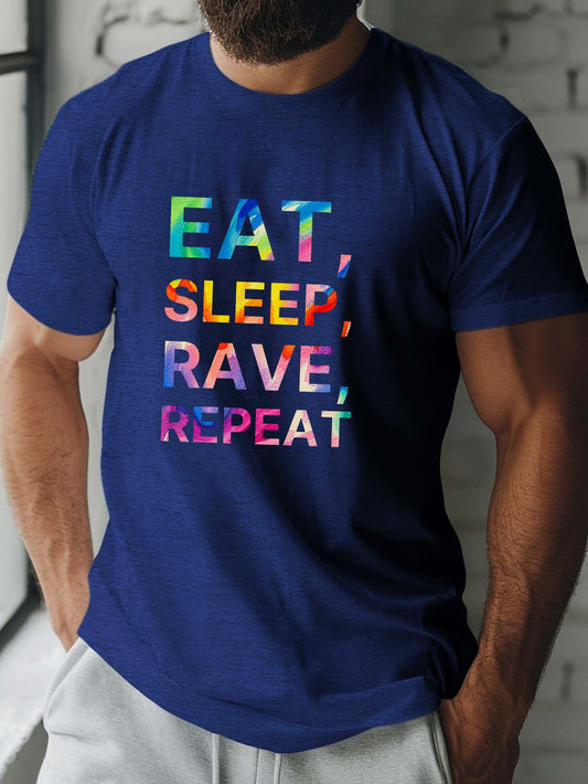 Eat Sleep Rave Repeat Letter Print Men's Summer Short Sleeve Crew Neck Tees, Breathable Polyester Fabric T-shirt, Casual Comfortable Versatile Top For Everyday Wear