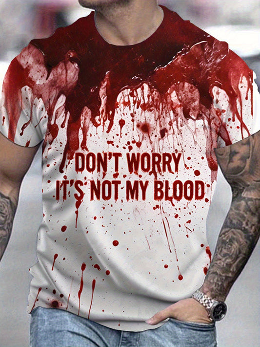 Men's Blood-Splatter Horror Graphic T-Shirt with 3D Blood Drip Effect & "I Don't Worry It's Not My Blood" Print - Breathable Polyester Round Neck Casual Tee for Horror Fans, Gothic Parties & Casual Attire - Machine Washable (