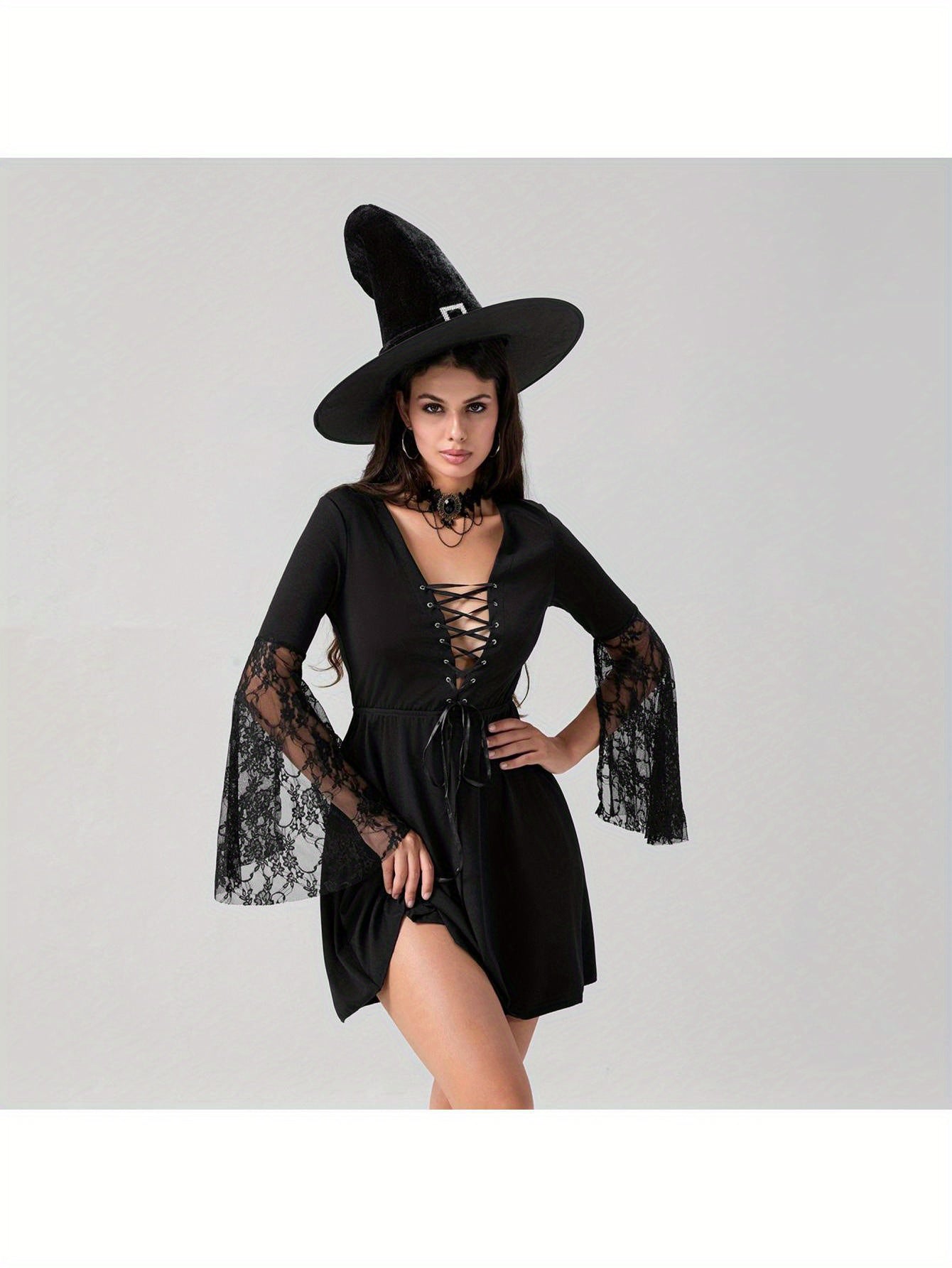 Women'S Halloween Witch Costume - Sexy Gothic party dress with Lace Flare Sleeves, Cross Tie Front, A-Line Silhouette - Elegant Witch Outfit for Halloween, Themed Events, Cosplay - All-Season Formal Attire, Halloween Clothes,
