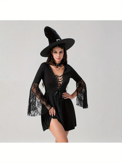 Women'S Halloween Witch Costume - Sexy Gothic party dress with Lace Flare Sleeves, Cross Tie Front, A-Line Silhouette - Elegant Witch Outfit for Halloween, Themed Events, Cosplay - All-Season Formal Attire, Halloween Clothes,