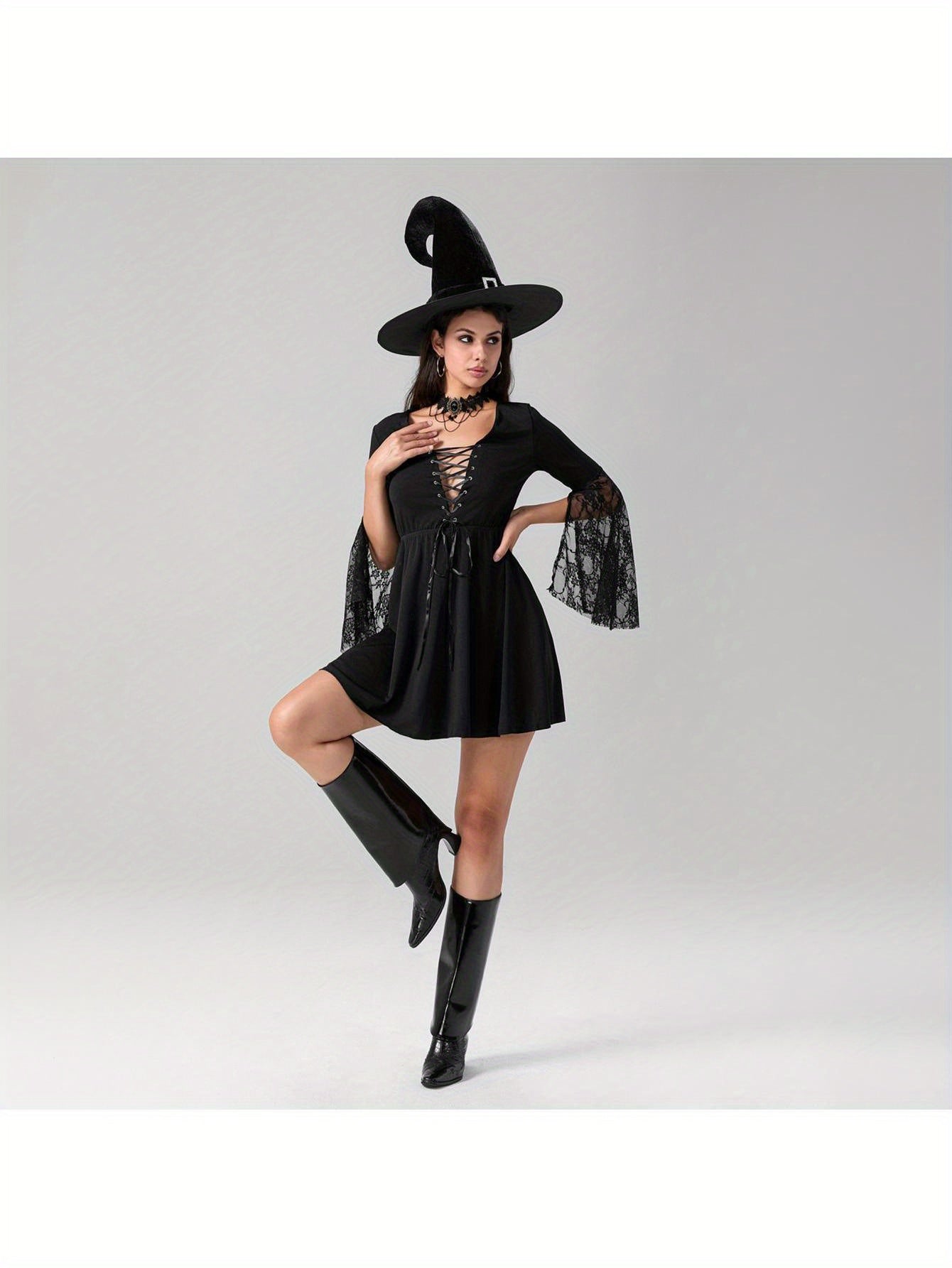 Women'S Halloween Witch Costume - Sexy Gothic party dress with Lace Flare Sleeves, Cross Tie Front, A-Line Silhouette - Elegant Witch Outfit for Halloween, Themed Events, Cosplay - All-Season Formal Attire, Halloween Clothes,