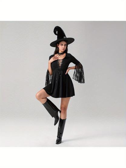Women'S Halloween Witch Costume - Sexy Gothic party dress with Lace Flare Sleeves, Cross Tie Front, A-Line Silhouette - Elegant Witch Outfit for Halloween, Themed Events, Cosplay - All-Season Formal Attire, Halloween Clothes,