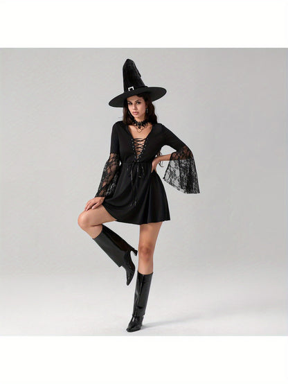 Women'S Halloween Witch Costume - Sexy Gothic party dress with Lace Flare Sleeves, Cross Tie Front, A-Line Silhouette - Elegant Witch Outfit for Halloween, Themed Events, Cosplay - All-Season Formal Attire, Halloween Clothes,