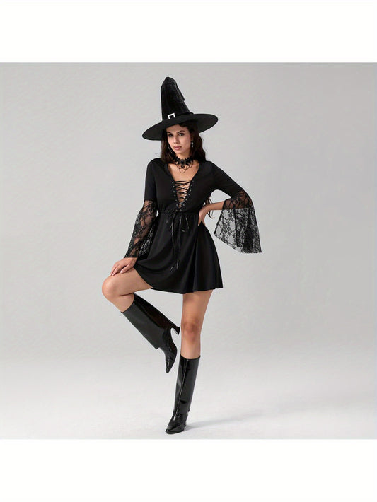 Women'S Halloween Witch Costume - Sexy Gothic party dress with Lace Flare Sleeves, Cross Tie Front, A-Line Silhouette - Elegant Witch Outfit for Halloween, Themed Events, Cosplay - All-Season Formal Attire, Halloween Clothes,