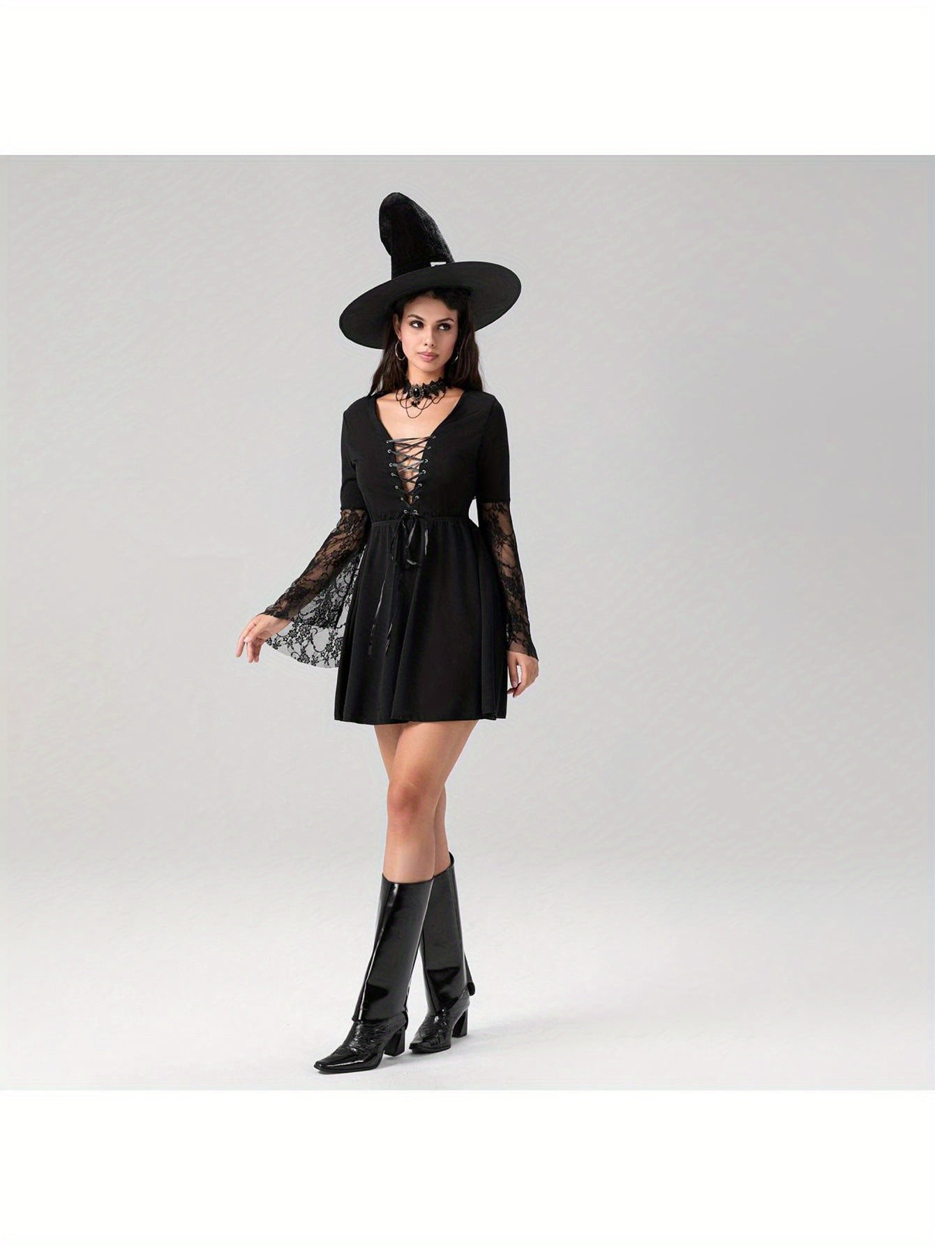 Women'S Halloween Witch Costume - Sexy Gothic party dress with Lace Flare Sleeves, Cross Tie Front, A-Line Silhouette - Elegant Witch Outfit for Halloween, Themed Events, Cosplay - All-Season Formal Attire, Halloween Clothes,