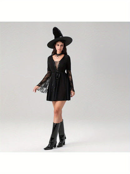 Women'S Halloween Witch Costume - Sexy Gothic party dress with Lace Flare Sleeves, Cross Tie Front, A-Line Silhouette - Elegant Witch Outfit for Halloween, Themed Events, Cosplay - All-Season Formal Attire, Halloween Clothes,