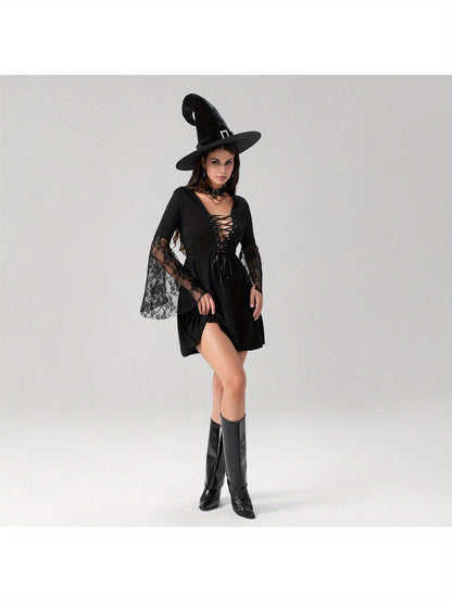 Women'S Halloween Witch Costume - Sexy Gothic party dress with Lace Flare Sleeves, Cross Tie Front, A-Line Silhouette - Elegant Witch Outfit for Halloween, Themed Events, Cosplay - All-Season Formal Attire, Halloween Clothes,