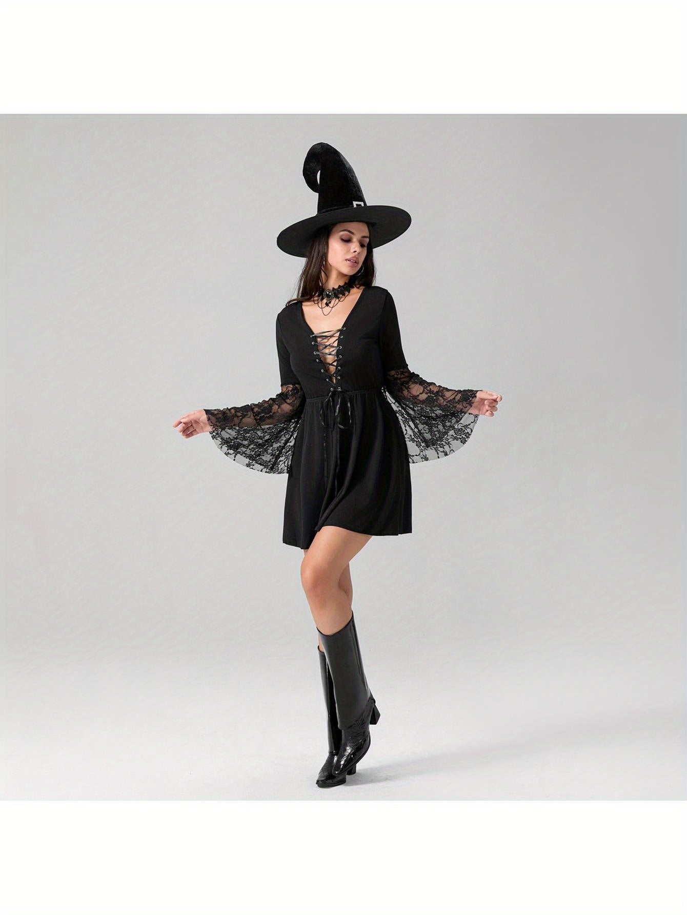 Women'S Halloween Witch Costume - Sexy Gothic party dress with Lace Flare Sleeves, Cross Tie Front, A-Line Silhouette - Elegant Witch Outfit for Halloween, Themed Events, Cosplay - All-Season Formal Attire, Halloween Clothes,