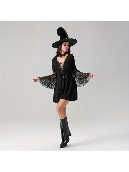 Women'S Halloween Witch Costume - Sexy Gothic party dress with Lace Flare Sleeves, Cross Tie Front, A-Line Silhouette - Elegant Witch Outfit for Halloween, Themed Events, Cosplay - All-Season Formal Attire, Halloween Clothes,
