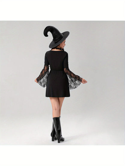 Women'S Halloween Witch Costume - Sexy Gothic party dress with Lace Flare Sleeves, Cross Tie Front, A-Line Silhouette - Elegant Witch Outfit for Halloween, Themed Events, Cosplay - All-Season Formal Attire, Halloween Clothes,