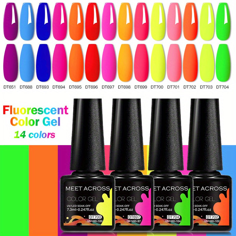 MEET ACROSS 14 Colors Fluorescent Neon Gel Nail Polish - Semi-Permanent Soak Off LED/ Curable, & Fragrance-Free Nail Art Manicure Varnish for Vibrant Glossy Finish, Highshine Nails, Professional Quality, Salon Professionals