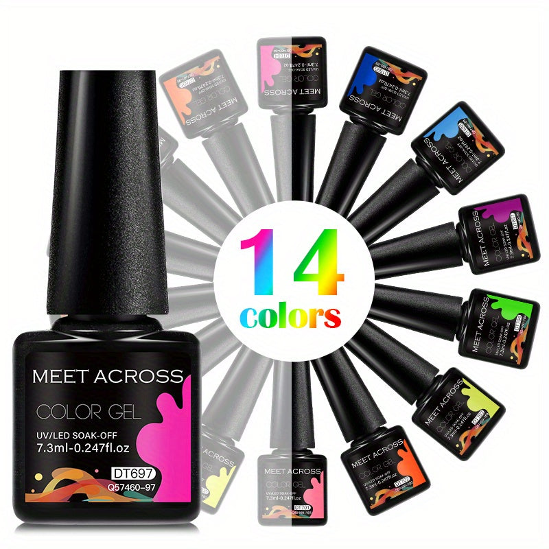 MEET ACROSS 14 Colors Fluorescent Neon Gel Nail Polish - Semi-Permanent Soak Off LED/ Curable, & Fragrance-Free Nail Art Manicure Varnish for Vibrant Glossy Finish, Highshine Nails, Professional Quality, Salon Professionals