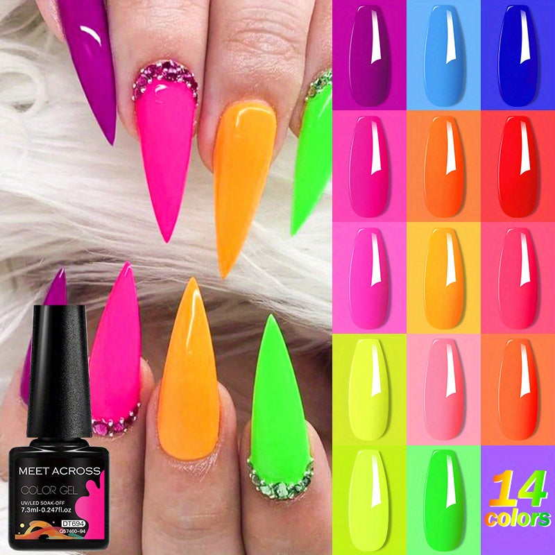 MEET ACROSS 14 Colors Fluorescent Neon Gel Nail Polish - Semi-Permanent Soak Off LED/ Curable, & Fragrance-Free Nail Art Manicure Varnish for Vibrant Glossy Finish, Highshine Nails, Professional Quality, Salon Professionals