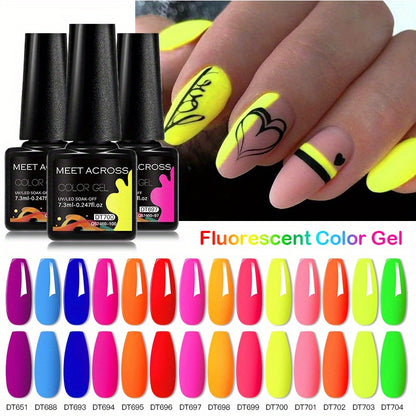 MEET ACROSS 14 Colors Fluorescent Neon Gel Nail Polish - Semi-Permanent Soak Off LED/ Curable, & Fragrance-Free Nail Art Manicure Varnish for Vibrant Glossy Finish, Highshine Nails, Professional Quality, Salon Professionals