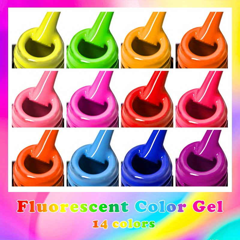 MEET ACROSS 14 Colors Fluorescent Neon Gel Nail Polish - Semi-Permanent Soak Off LED/ Curable, & Fragrance-Free Nail Art Manicure Varnish for Vibrant Glossy Finish, Highshine Nails, Professional Quality, Salon Professionals