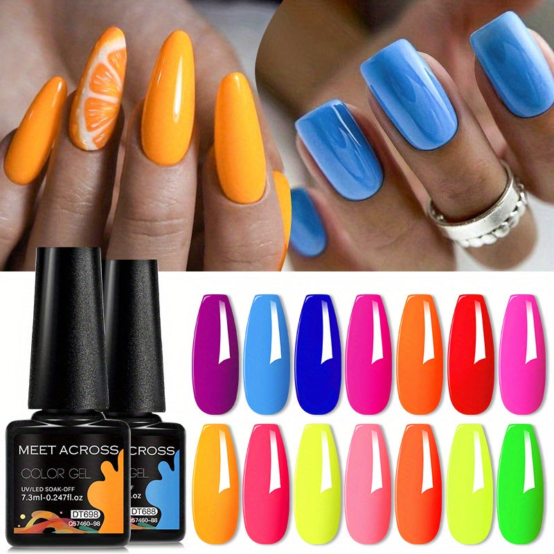 MEET ACROSS 14 Colors Fluorescent Neon Gel Nail Polish - Semi-Permanent Soak Off LED/ Curable, & Fragrance-Free Nail Art Manicure Varnish for Vibrant Glossy Finish, Highshine Nails, Professional Quality, Salon Professionals