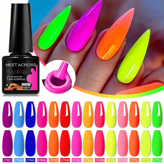 MEET ACROSS 14 Colors Fluorescent Neon Gel Nail Polish - Semi-Permanent Soak Off LED/ Curable, & Fragrance-Free Nail Art Manicure Varnish for Vibrant Glossy Finish, Highshine Nails, Professional Quality, Salon Professionals