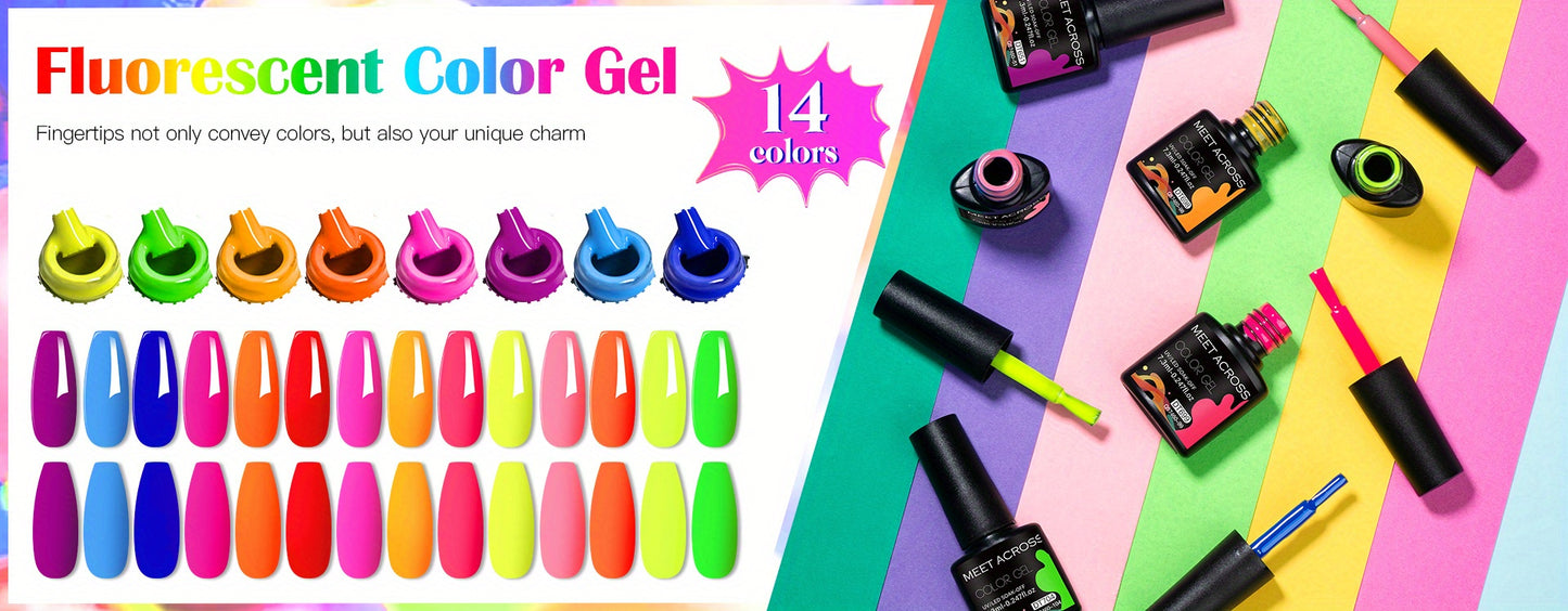 MEET ACROSS 14 Colors Fluorescent Neon Gel Nail Polish - Semi-Permanent Soak Off LED/ Curable, & Fragrance-Free Nail Art Manicure Varnish for Vibrant Glossy Finish, Highshine Nails, Professional Quality, Salon Professionals