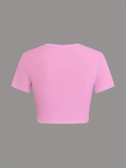 [Y2K Graphic Tee] Pink Polyester Y2K Style Graphic Crop Top T-Shirt - Women's "Eat Sleep Rave Repeat" Crew Neck Tee | Y2K Fashion | Casual Attire, Rave Party Apparel