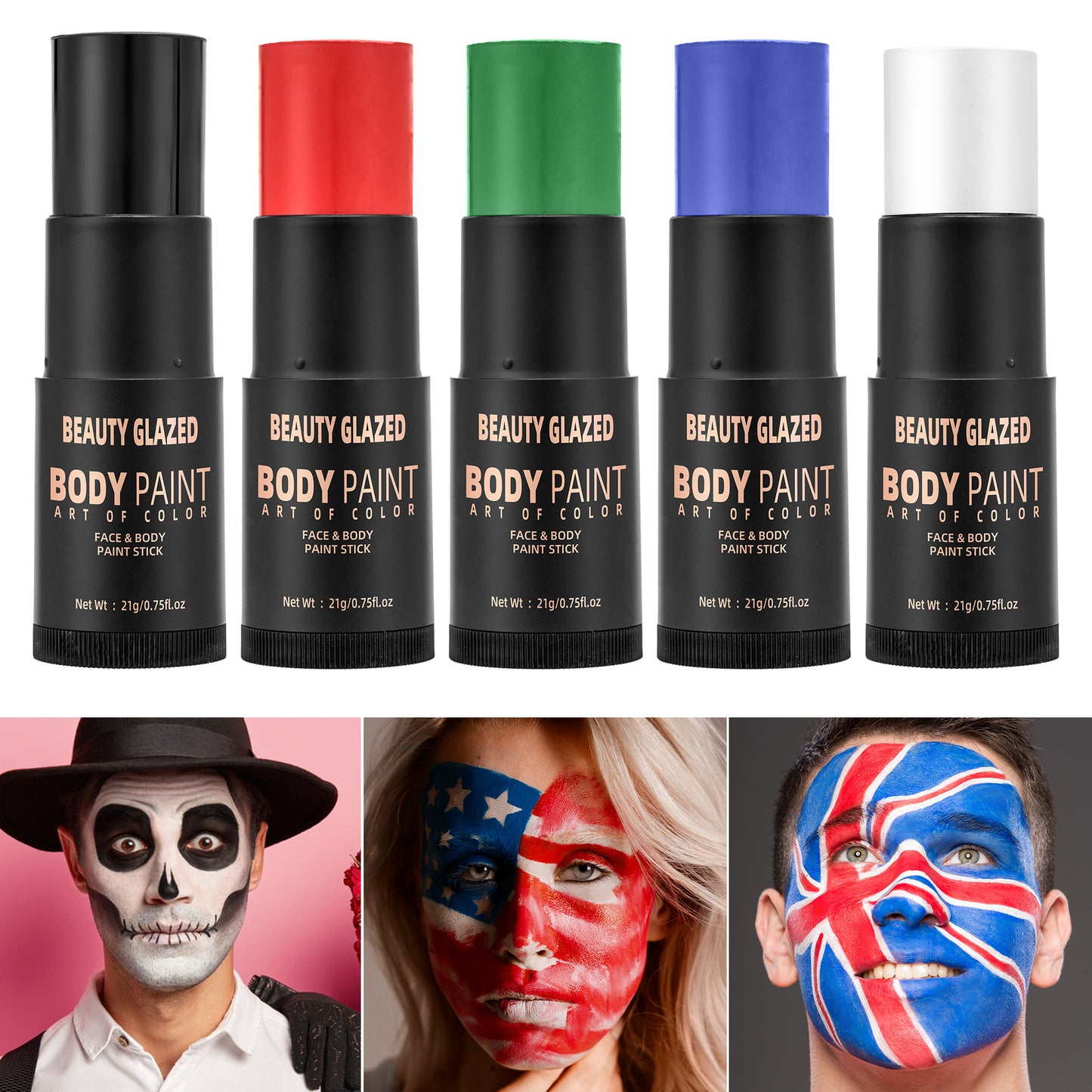 BEAUTY GLAZED Face & Body Paint Stick - Non-Toxic, High Quality & Long-Lasting Creamy Stick for Halloween, Festivals, Sports | 6 Vibrant Colors | Professional Makeup for Parties & Events, Party Makeup | Festive Makeup | Nonto
