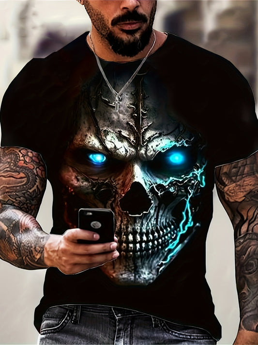 Vintage Skull Print T-Shirt for Men - Retro O-Neck, Short Sleeve Tee with Scar Detail - Perfect for Halloween & Streetwear
