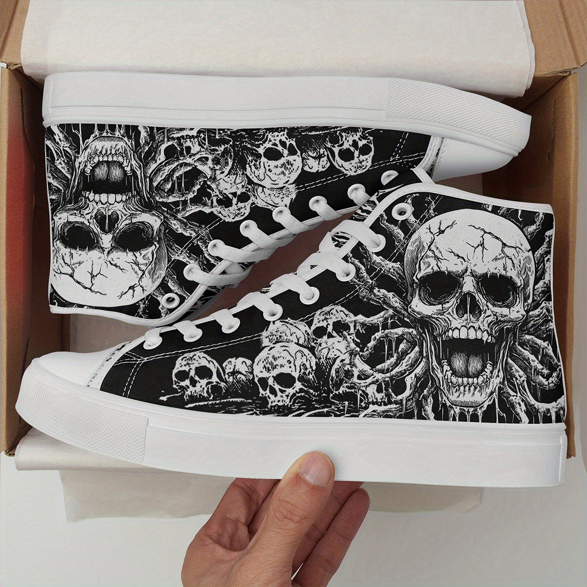 Men'S Plus Size Gothic Punk High-Top Sneakers with Skull Print, Black Casual Shoes for Streetwear & Everyday Comfort, Lace-Up Round Toe Design, Rubber Sole, Fabric Upper, Perfect for Parties, Concerts & Daily Wear, Everyday C