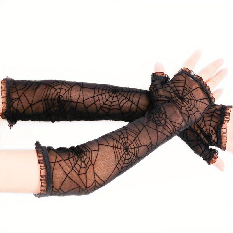 [Gothic Spider Pattern Gloves] Gothic Spider Pattern Translucent Fingerless Gloves for Women Halloween Decorative Y2K Black Lace Gloves