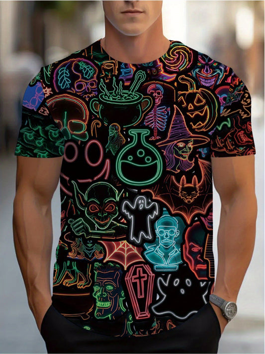 Men's Neon Glow-in-the-Dark Halloween Party T-Shirt - Spooky Ghosts, Bats, Pumpkins & Witches Hats Design - Durable Round Neck Tee for Bars, Clubs & Costume Events - Machine Washable Casual Festive Outfit, Bar And Wear, Holid