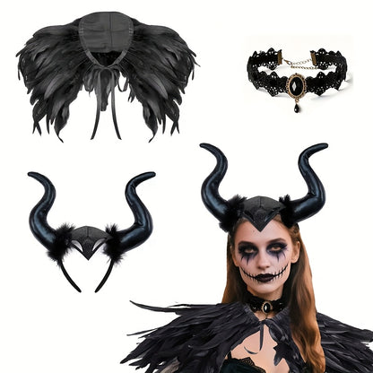 3pcs Devil Costume Accessory Set for Men and Women, Including Demon Horn Headband, Gothic Black Faux Feather Cape, and Gothic Lace Necklace; Perfect for Halloween, Role Play, Masquerade Parties, Demon Queen Makeup, and Wizard