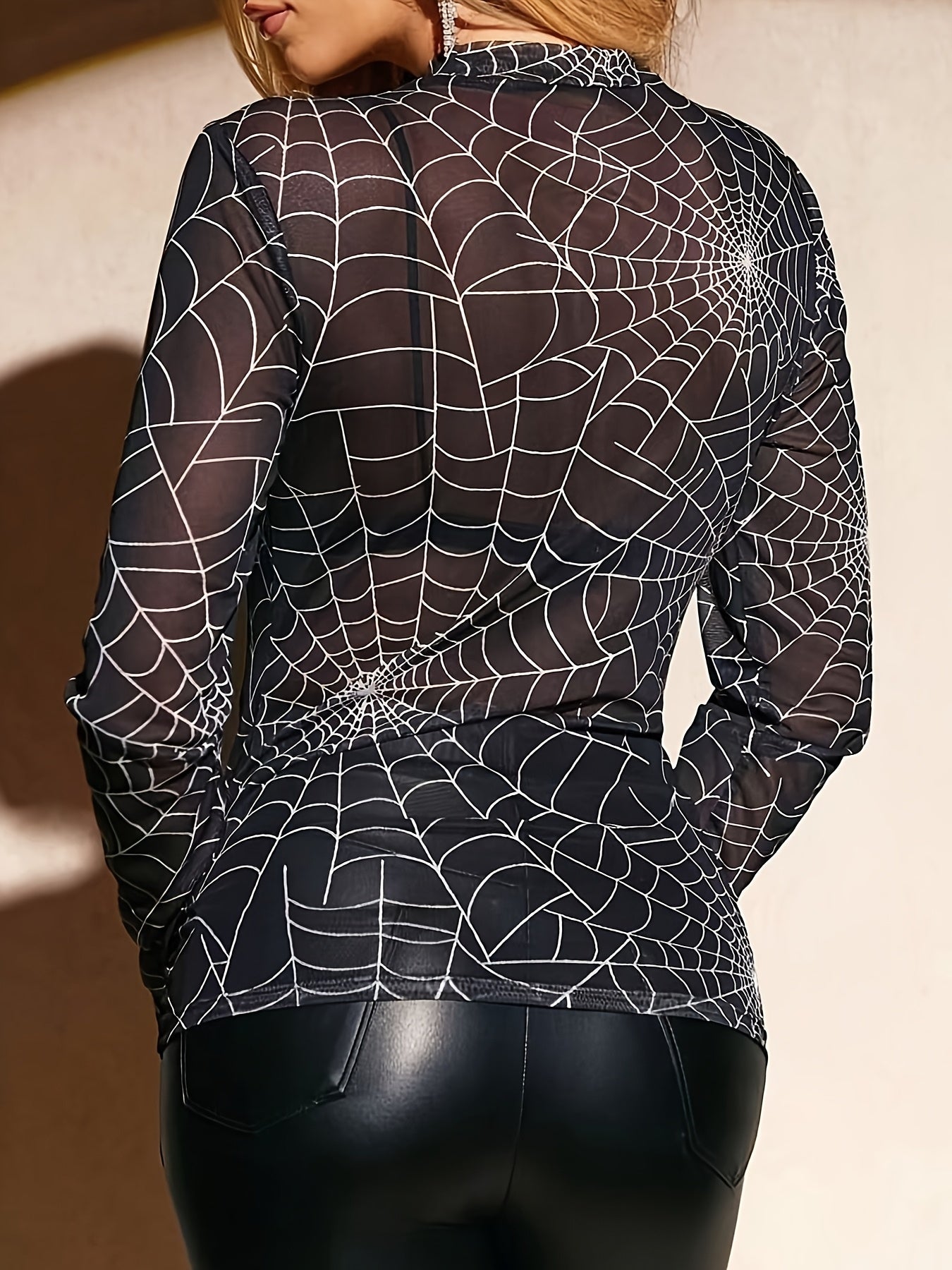 [Sexy Sheer Mesh Top] Sexy Sheer Mesh Women's Spider Print Top | Long Sleeve Round Neck Blouse, Stretchy Polyester & Spandex Blend, Machine Washable, Versatile Casual to Evening Wear for Spring Summer Fall
