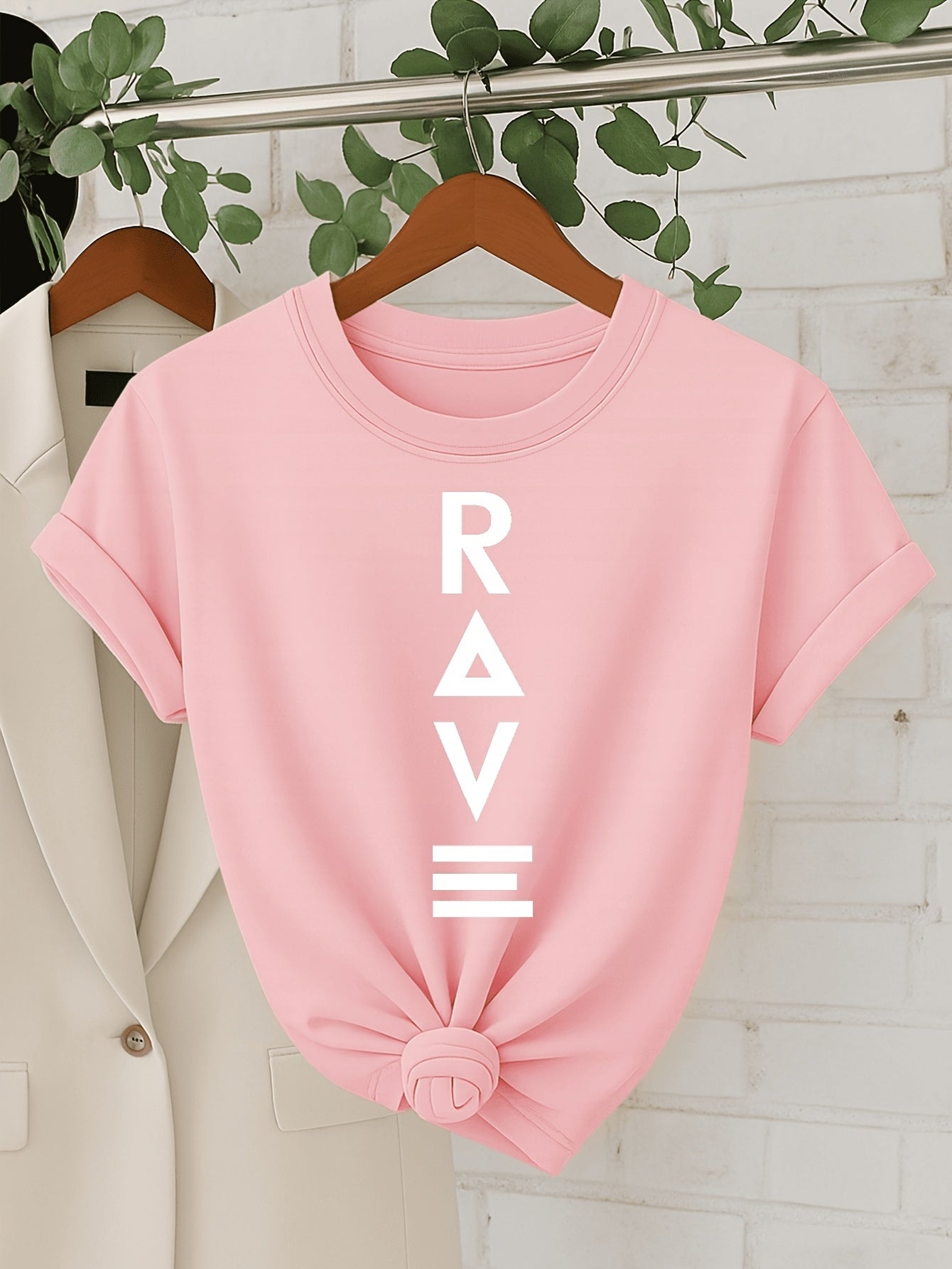 Women's Casual Short Sleeve T-Shirt - Black with Vertical White RAVE Print, Relaxed Fit Round Neck, Machine Washable All-Season Comfort Top, Rave Clothing, Classic Round Neck, Nontransparent Fabric