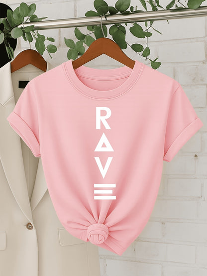 Women's Casual Short Sleeve T-Shirt - Black with Vertical White RAVE Print, Relaxed Fit Round Neck, Machine Washable All-Season Comfort Top, Rave Clothing, Classic Round Neck, Nontransparent Fabric
