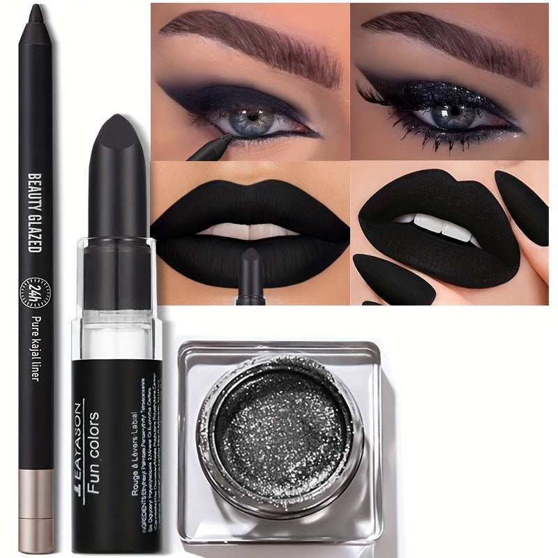 3pcs/SET makeup set: lipstick + eyeliner + eyeshadow, black series, matte waterproof lipstick, black waterproof eyeliner, shiny liquid pearlescent eyeshadow, match to create a black punk makeup, perfect for Halloween
