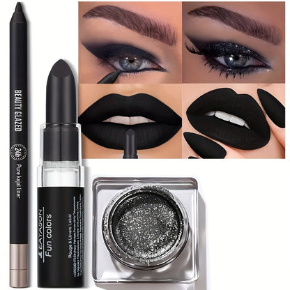 3pcs/SET makeup set: lipstick + eyeliner + eyeshadow, black series, matte waterproof lipstick, black waterproof eyeliner, shiny liquid pearlescent eyeshadow, match to create a black punk makeup, perfect for Halloween
