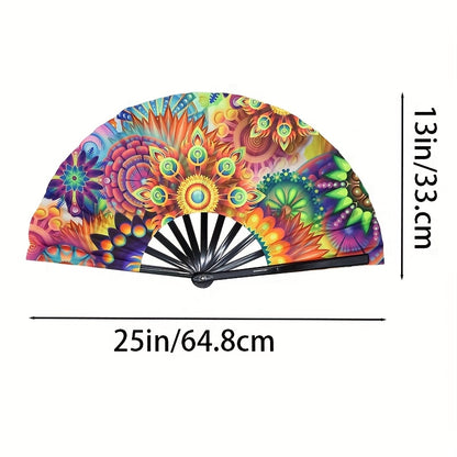 Large Fluorescent Kung Fu Folding Fan - Vibrant Multicolor Feather Design, Foldable Battery-Free Fan for EDM Festivals, Drag Queen Performances, Parties & Events