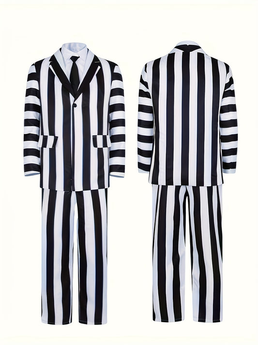 Adam Role Play Costume Men'S Black and White Striped Suit Jacket Shirt Pants Set Halloween Carnival Cosplay Anime Costume