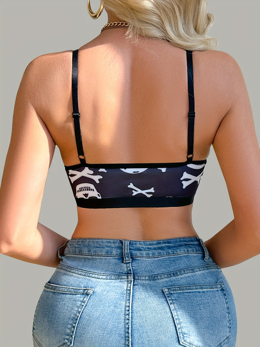 [Sexy Skull Bra] 1pc Sexy Skull Front Closure Bra - Women's European & American Style, Medium Support, No Padding, Wireless, Black with White Skull & Crossbones Design | Edgy Fashion | Durable Wire Construction | Everyday Und