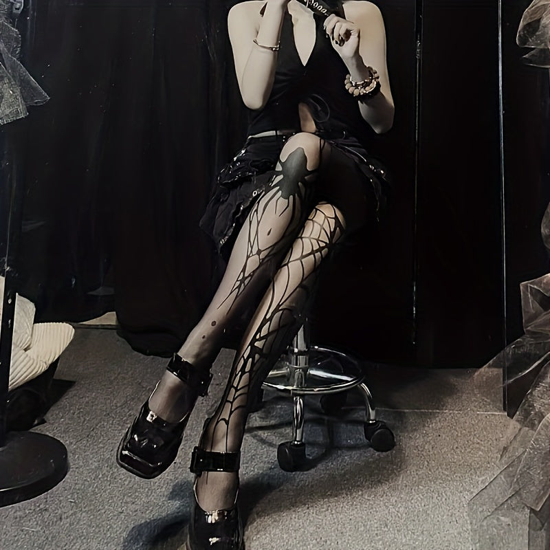 Plus Size Punk Tights, Women's Halloween Spider & Spider Web Print AB Style Elastic Pantyhose