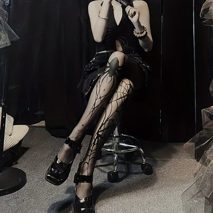 Plus Size Punk Tights, Women's Halloween Spider & Spider Web Print AB Style Elastic Pantyhose