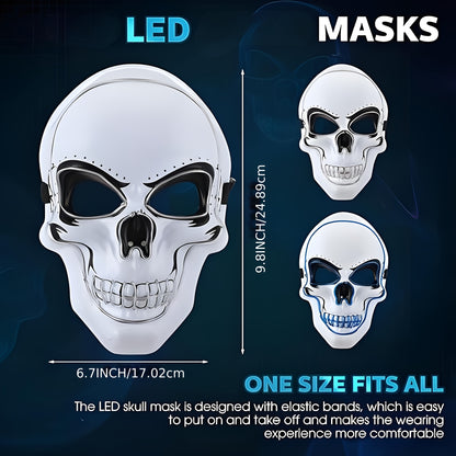 LED Glowing Skull Mask with Blue Light Effects - Self-Lit Halloween Costume Party Mask with Expressive Eyes & Sharp Teeth, Battery-Powered (Batteries Not Included) for Men's Costumes, Themed Events, Gothic Performances - Comp