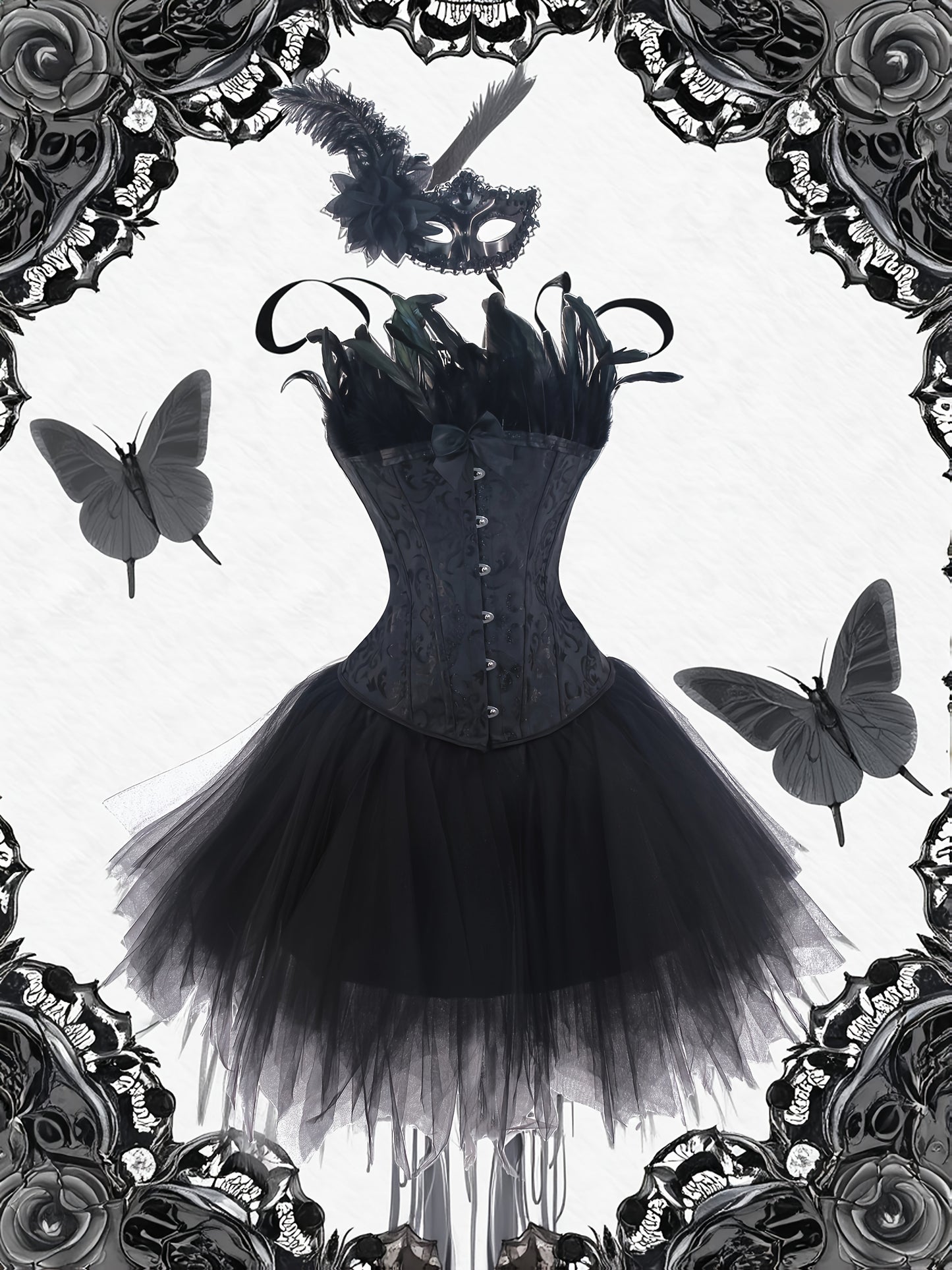 [Gothic Style Costume Set] Gothic Style Jacquard CORSETS + TUTU Skirt + Mask Set | Halloween Black Swan, Black Angel Costume Set - Party Outfit Set