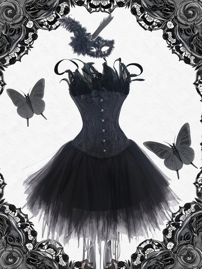 [Gothic Style Costume Set] Gothic Style Jacquard CORSETS + TUTU Skirt + Mask Set | Halloween Black Swan, Black Angel Costume Set - Party Outfit Set