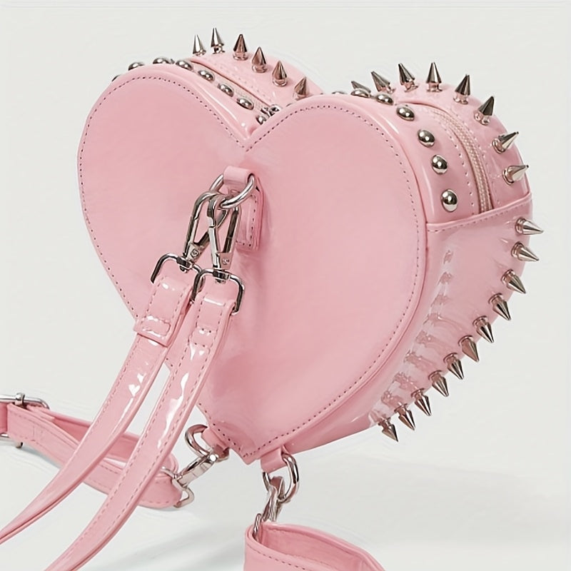Women'S Punk Gothic Heart-Shaped Chain Backpack - Red Faux Leather with Metallic Studded Design, Adjustable Straps & Zipper Closure, Casual Daypack for Casual Attire, Casual Daypack | Punk Style Backpack | Metallic Studded Ba