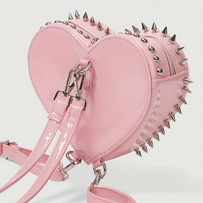 Women'S Punk Gothic Heart-Shaped Chain Backpack - Red Faux Leather with Metallic Studded Design, Adjustable Straps & Zipper Closure, Casual Daypack for Casual Attire, Casual Daypack | Punk Style Backpack | Metallic Studded Ba