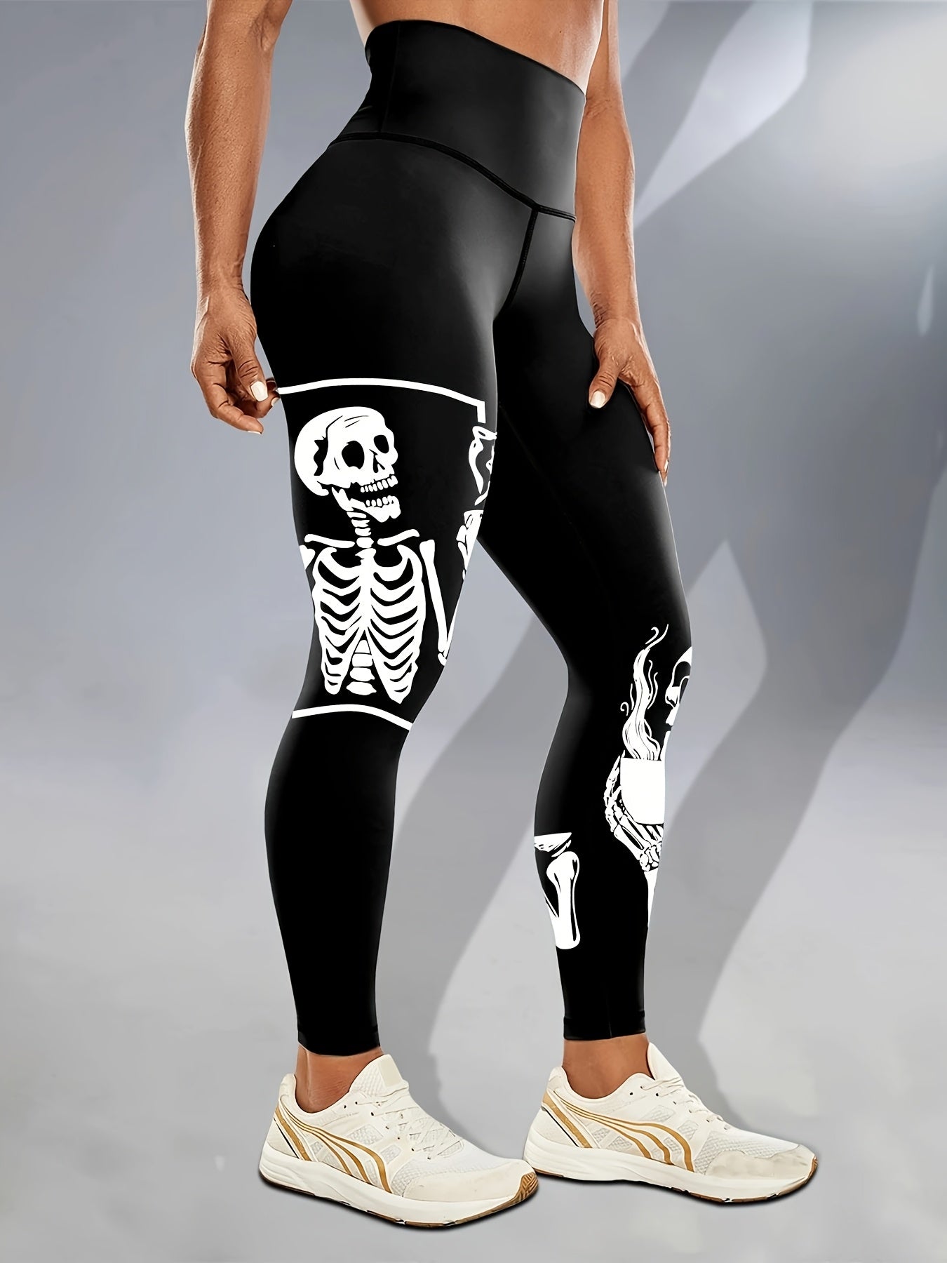 Halloween Fluorescent Skeleton Hands Printed Sports Yoga Leggings, High Waist Workout Running Sports Tight Pants, Women's Activewear Carnaval for carnival & Music Festival