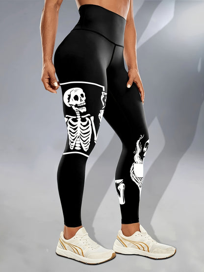 Halloween Fluorescent Skeleton Hands Printed Sports Yoga Leggings, High Waist Workout Running Sports Tight Pants, Women's Activewear Carnaval for carnival & Music Festival
