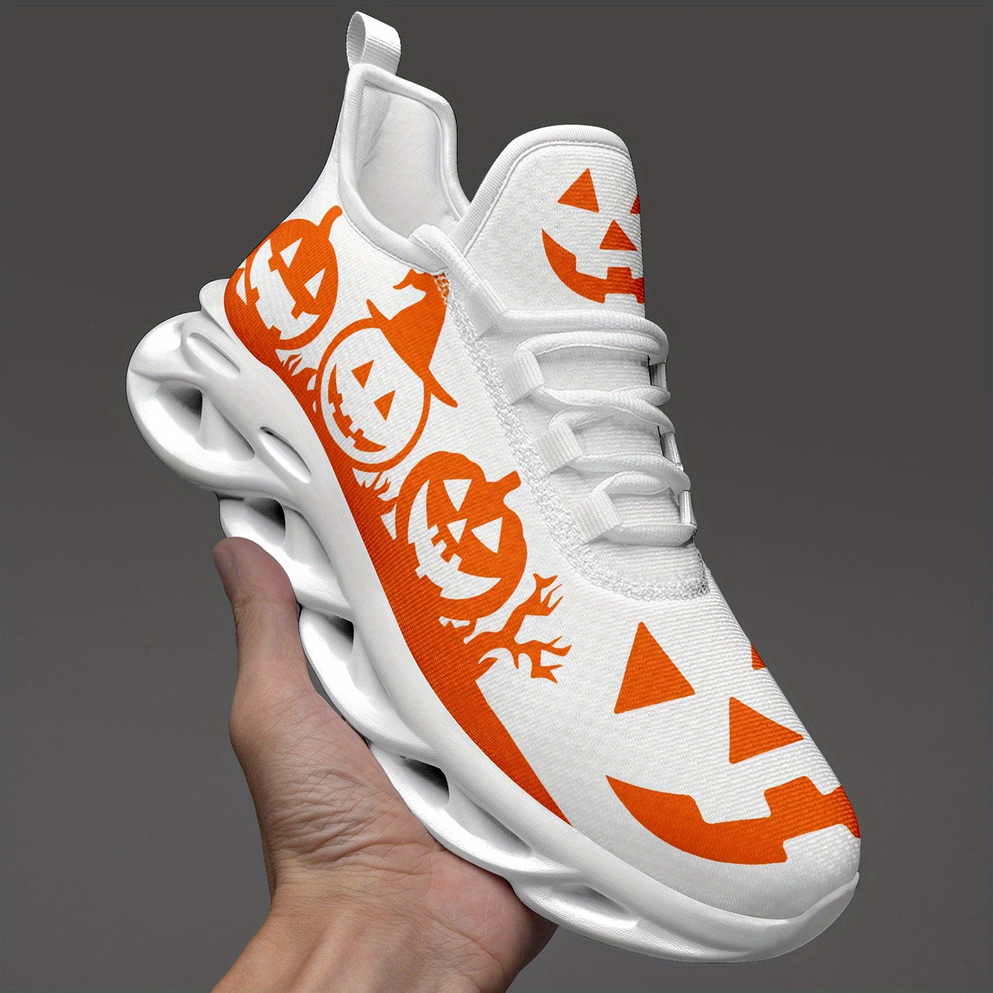 [Halloween Sneakers] Women's Halloween Sneakers - Orange Pumpkin Jack-o'-Lanterns, Lace-Up Trick Treat Shoes, Plus Size Available - All-Season Casual Shoes for Halloween Parties, Casual Attire & Costume Outfits - Lightweight