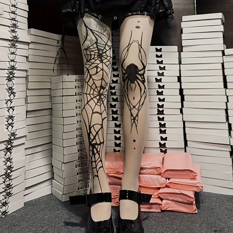 Plus Size Punk Tights, Women's Halloween Spider & Spider Web Print AB Style Elastic Pantyhose