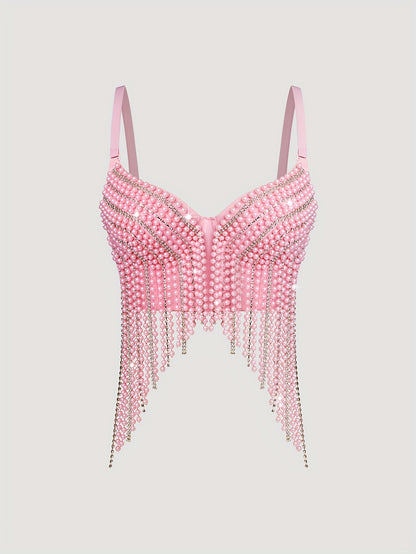 Sexy Fishbone Corset Top with Pearl Embellishments & Tassel Details - Vibrant Pink Stretchy Spaghetti Strap Bustier for Nightclub, Concert, Festival - Versatile All-Season Women's Fashion, Concert Attire, Elegant Style, Styli